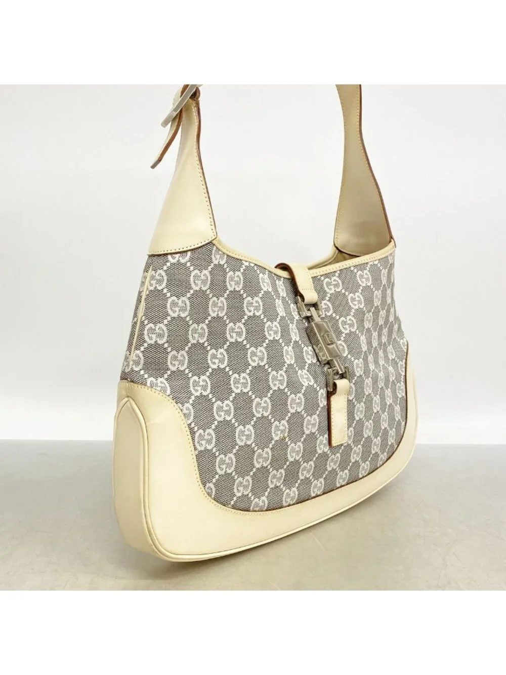 Gucci Shoulder Bag GG Canvas Jackie Ivory Gray Silver